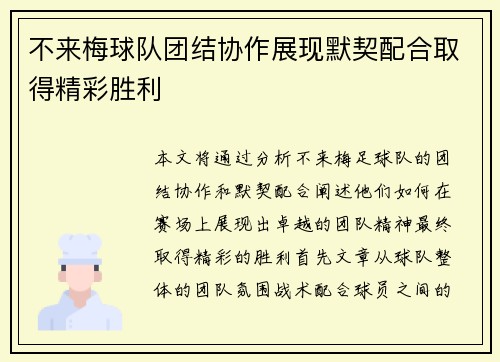 不来梅球队团结协作展现默契配合取得精彩胜利