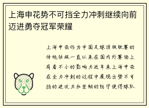 上海申花势不可挡全力冲刺继续向前迈进勇夺冠军荣耀