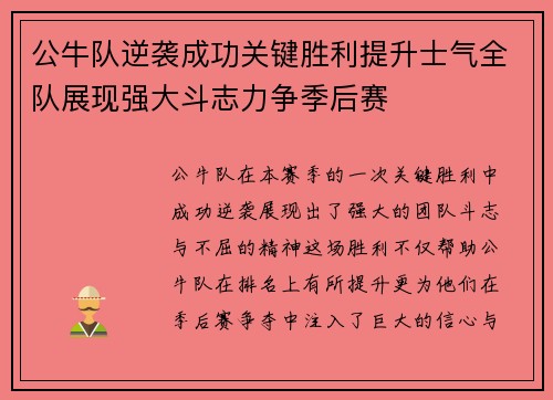 公牛队逆袭成功关键胜利提升士气全队展现强大斗志力争季后赛