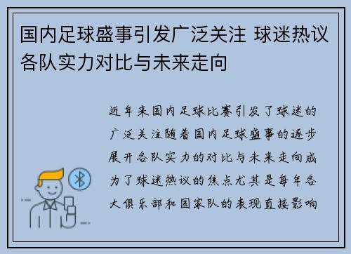 国内足球盛事引发广泛关注 球迷热议各队实力对比与未来走向